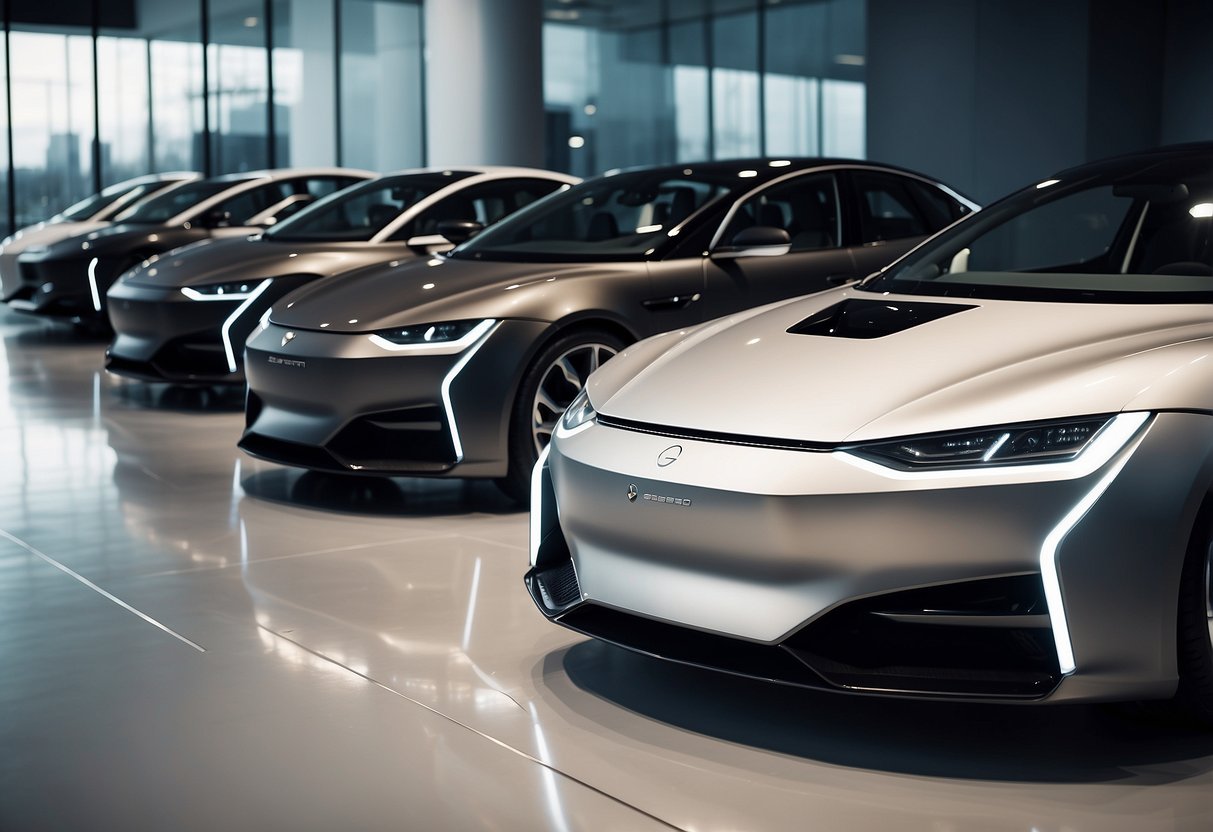 Luxury electric vehicles lined up on a sleek, futuristic showroom floor, with cutting-edge design and advanced technology on display