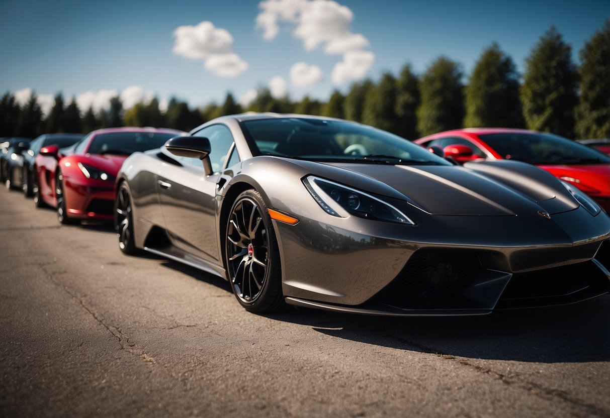 A lineup of 5 sleek, limited-edition supercars parked in a row, each with unique, eye-catching designs and high-performance features