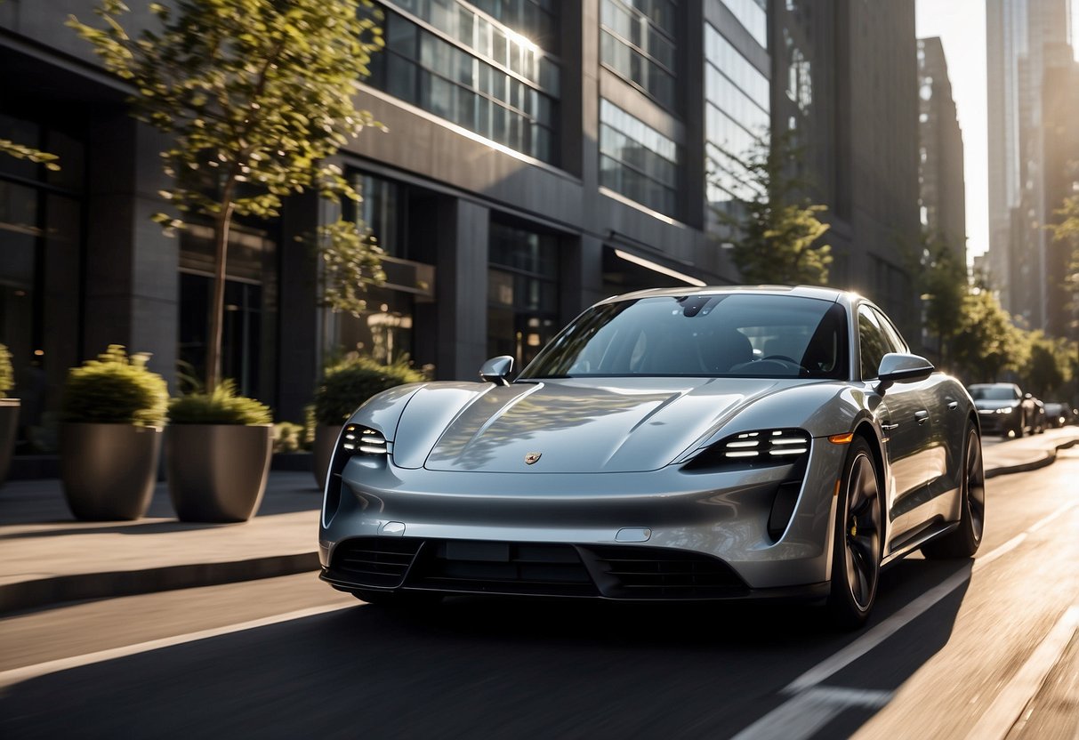 The sleek Porsche Taycan speeds along a futuristic city street, surrounded by other luxury electric vehicles. The sun reflects off its polished exterior, highlighting its top-tier status