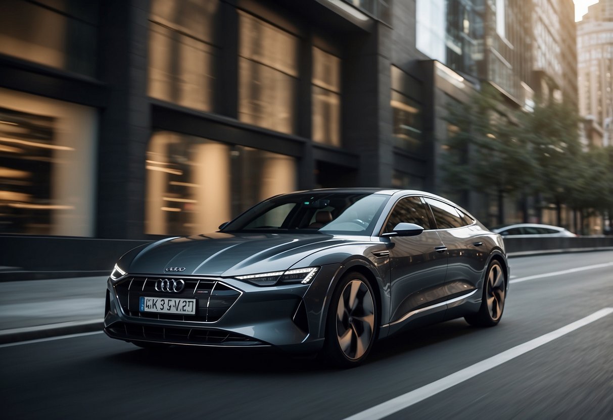 The sleek Audi e-tron GT glides through a futuristic cityscape, its electric power and luxury design turning heads as it moves effortlessly along the streets