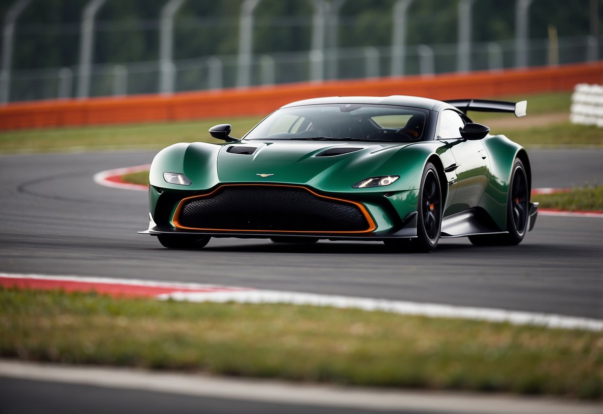 An Aston Martin Vulcan speeds around a race track, its sleek and aerodynamic design cutting through the air. The vibrant color and powerful stance of the car exude speed and luxury