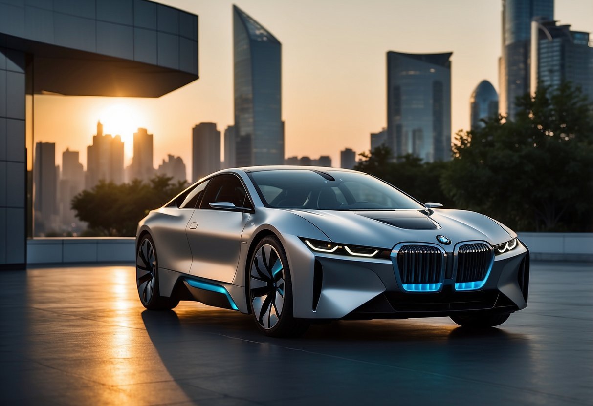 The sleek BMW i7 electric vehicle glides through a futuristic cityscape, surrounded by other luxury electric cars. The sun sets behind towering skyscrapers, casting a warm glow on the sleek, aerodynamic design of the i7