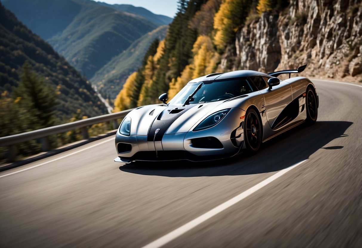 A Koenigsegg Agera RS speeds down a winding mountain road, its sleek silver body reflecting the sunlight. The roar of its powerful engine fills the air as it races towards the horizon