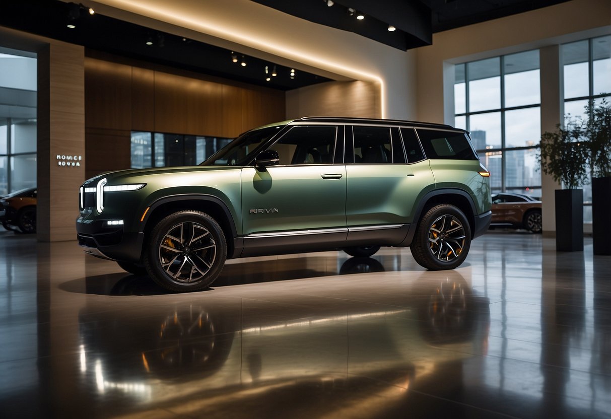 The Rivian R1S sits on a sleek, modern showroom floor, surrounded by soft ambient lighting. Its polished exterior gleams under the spotlight, showcasing its luxurious design and cutting-edge technology