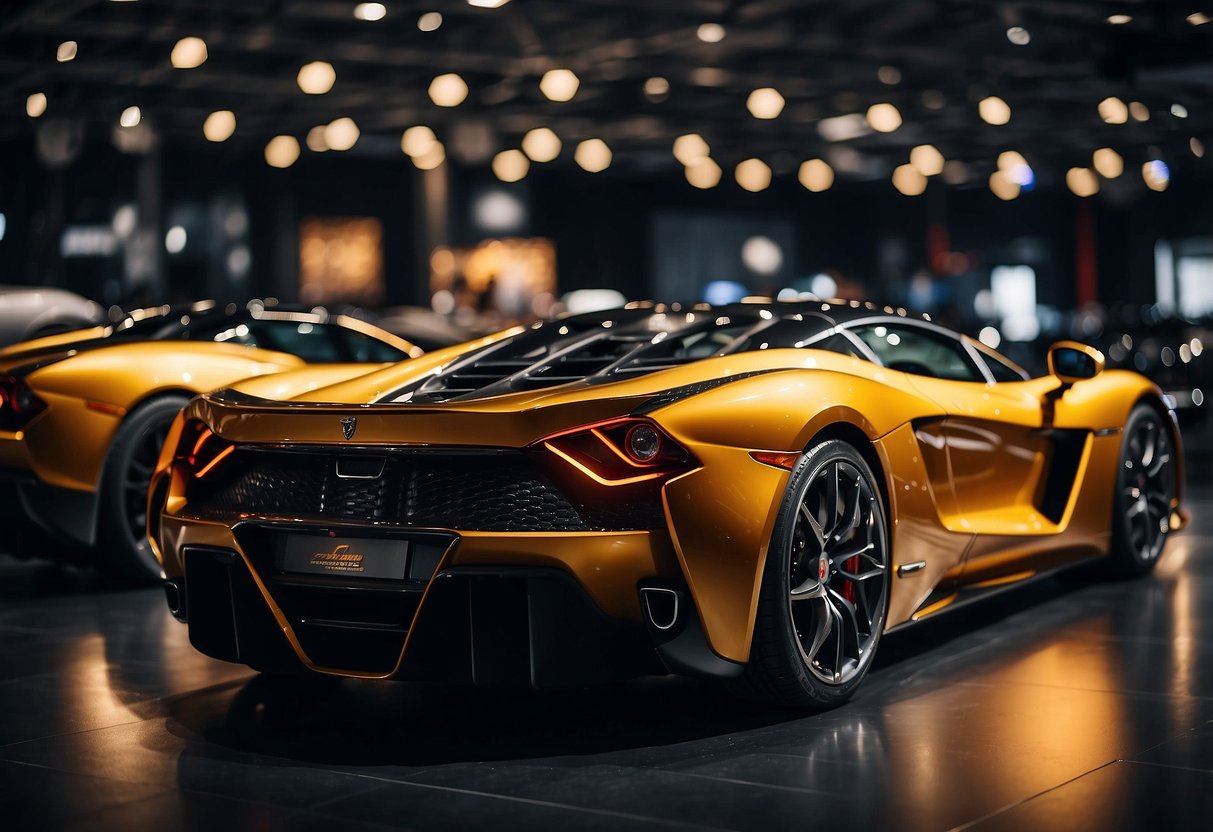 Five limited-edition supercars lined up at a luxury car show, gleaming under bright lights, showcasing their sleek and powerful designs