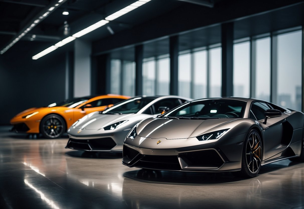 Five limited-edition supercars showcased in a sleek, modern showroom with dynamic lighting and futuristic design elements