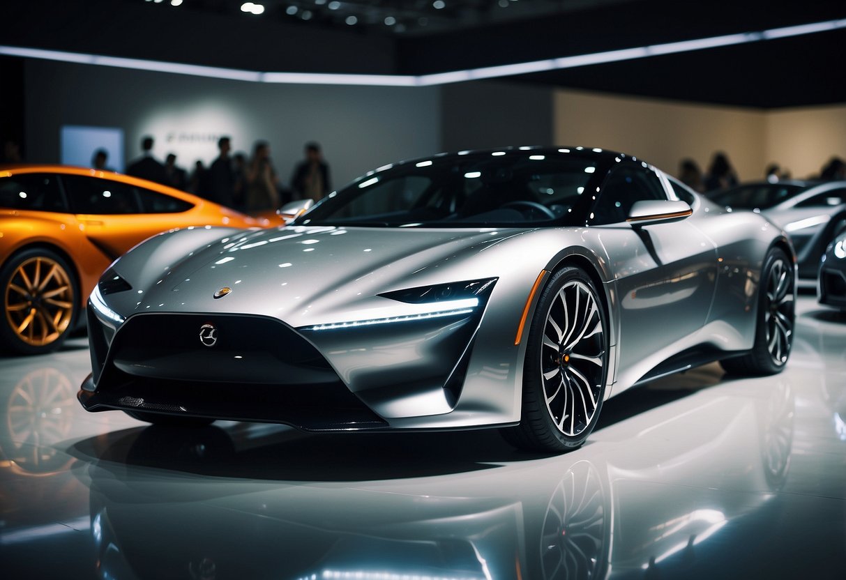 A lineup of sleek, futuristic sports cars gleaming under bright lights at a cutting-edge auto show