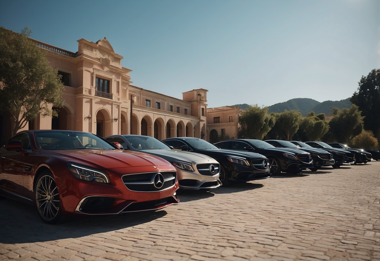 A lineup of luxury cars parked outside a prestigious club, with elegant architecture and a scenic backdrop