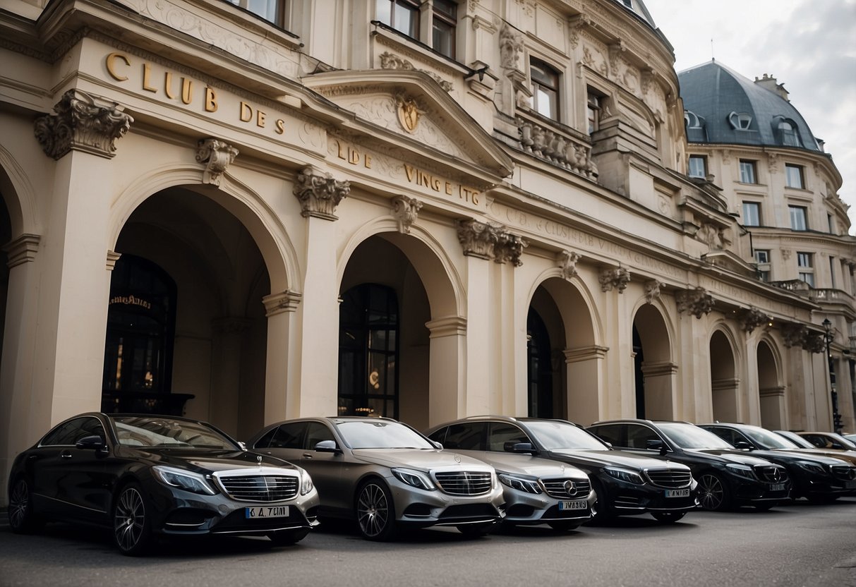 A row of luxury cars parked in front of a grand, ornate building with the words "Club des Vingt" displayed prominently above the entrance. A line of elegantly dressed individuals waits to enter