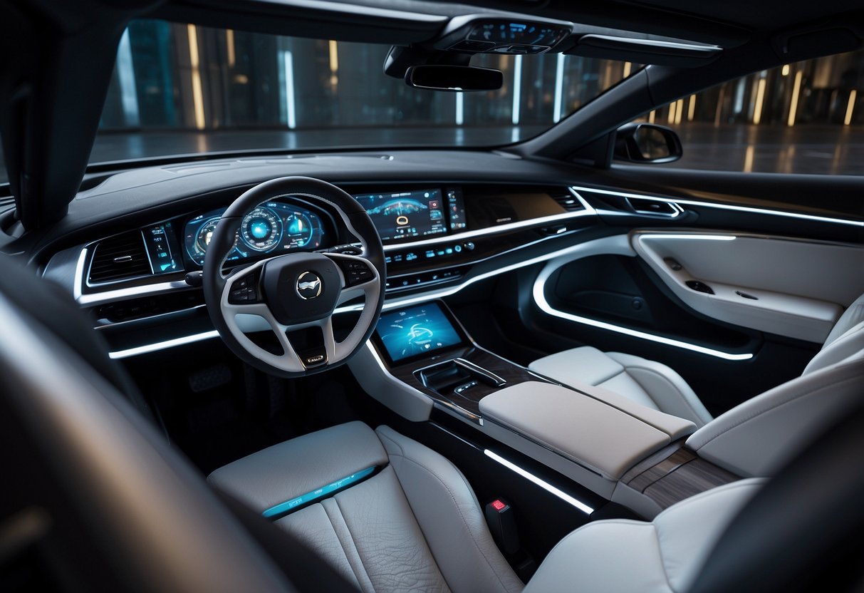 A sleek, futuristic car dashboard displays holographic controls and a seamless integration of AI technology. LED lights illuminate the interior, highlighting advanced safety features and cutting-edge entertainment options