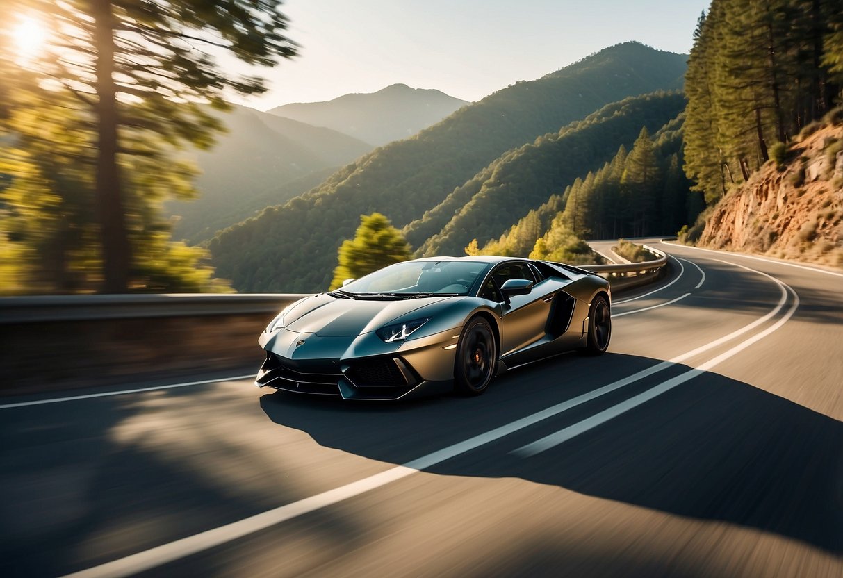 A Lamborghini Aventador SVJ speeds through a winding mountain road, its sleek and aerodynamic body gleaming under the sun, showcasing the pinnacle of high-performance sports cars in 2024