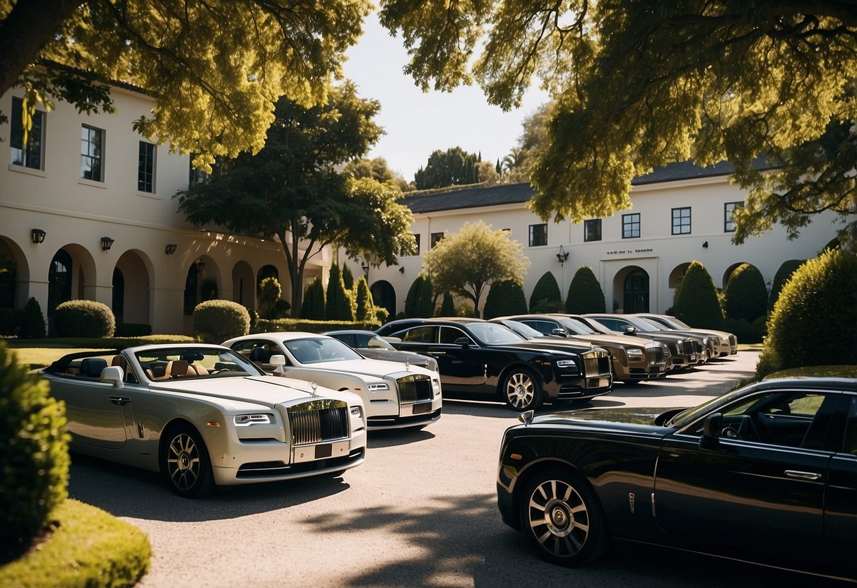 A line of Rolls-Royce cars gleam in the sunlight outside an elegant clubhouse, surrounded by lush greenery and a sense of luxury and exclusivity