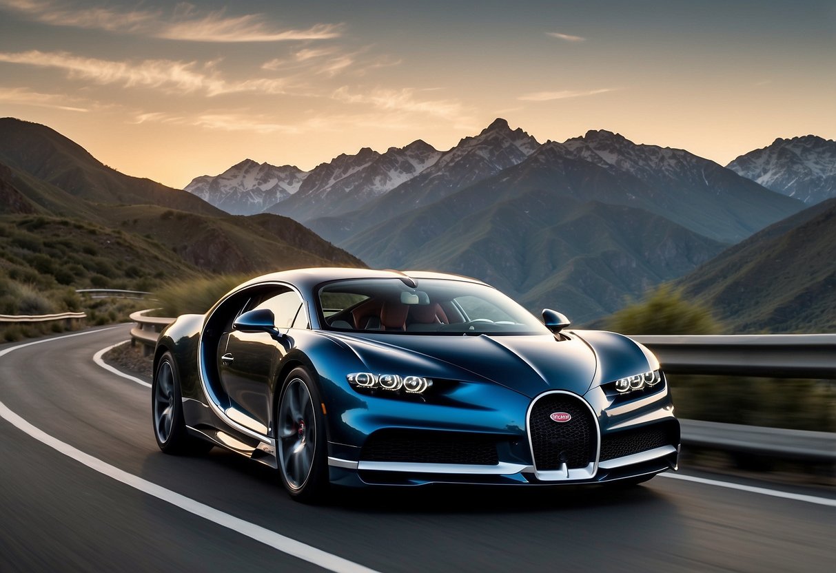 A sleek Bugatti Chiron speeds along a winding mountain road, its powerful engine roaring as it effortlessly navigates the curves. The sun glints off its polished exterior, highlighting its aerodynamic design