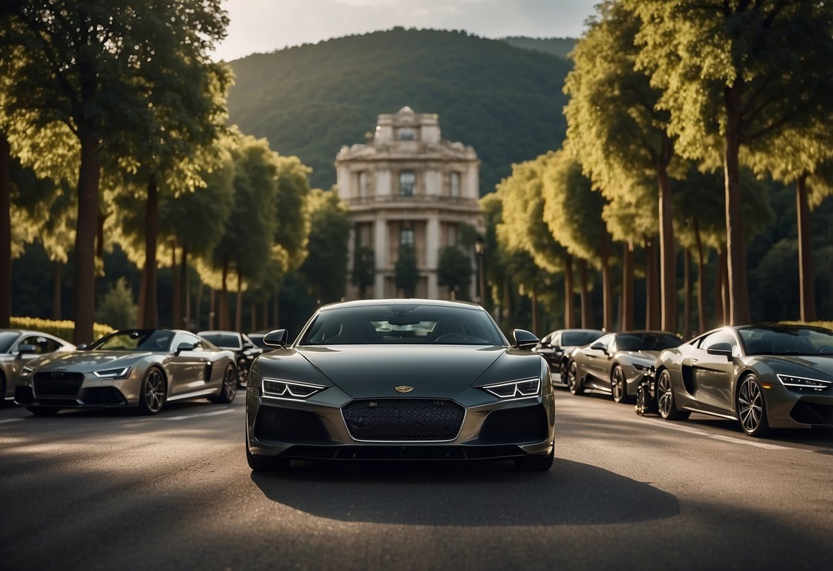 Luxury cars lined up in a circular formation, surrounded by opulent scenery. The prestigious Singen Noble Circle emblem prominently displayed in the center