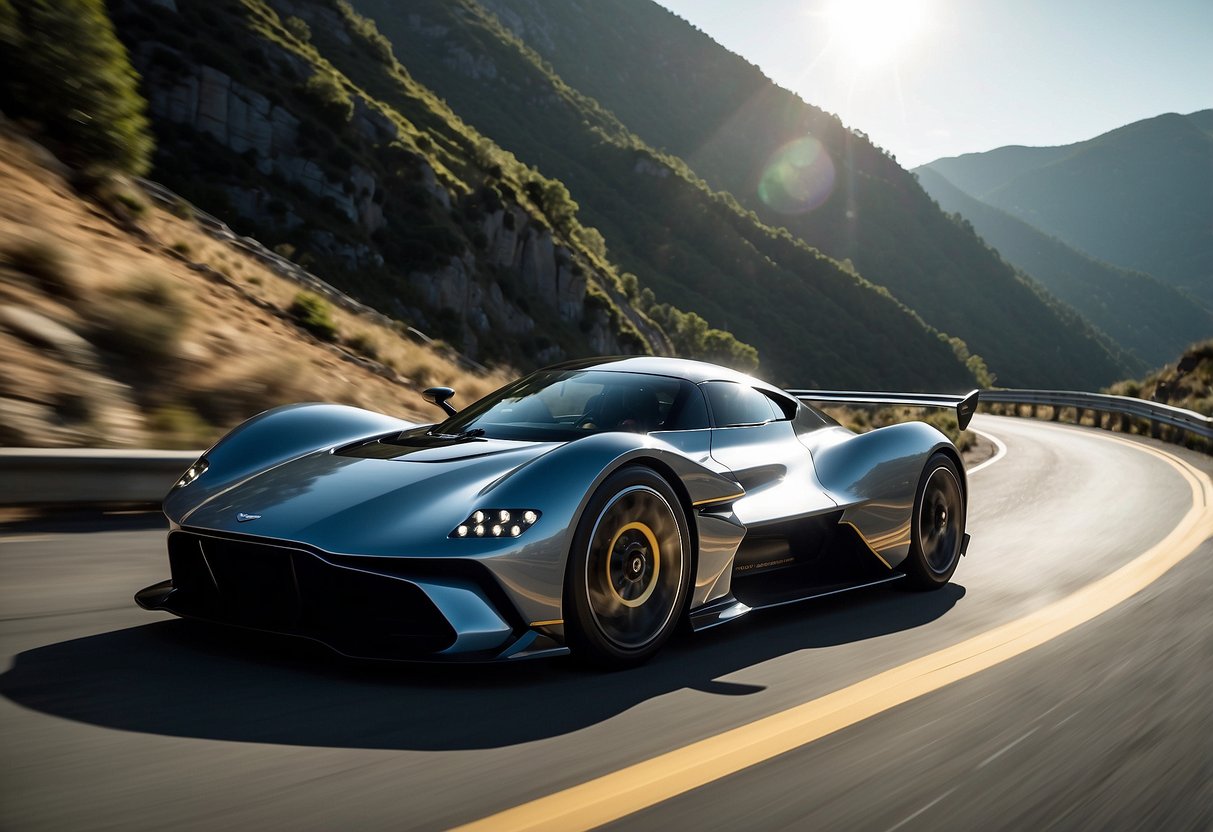 The Aston Martin Valkyrie zooms down a winding mountain road, its sleek, aerodynamic design cutting through the air. The sun glistens off its metallic body, showcasing its high-performance capabilities