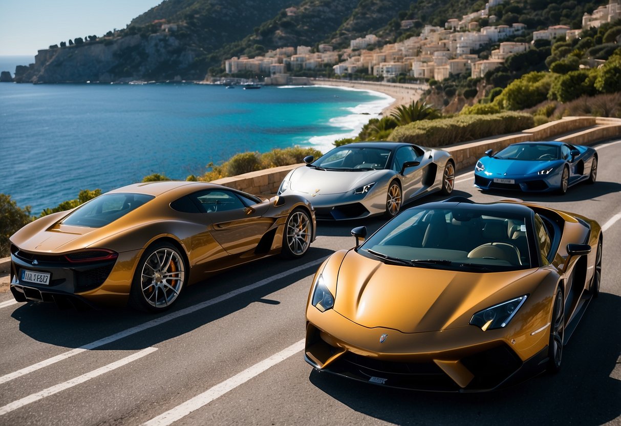 Luxury sports cars line the scenic coastal road, with the azure blue sea in the background. The sun glistens off the sleek, polished exteriors, showcasing the exclusivity of the Côte d'Azur Supercar Club