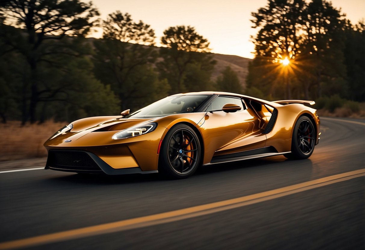 The Ford GT races down a winding road, its sleek design and powerful engine exuding speed and performance. The sun sets behind the car, casting a golden glow on its metallic exterior