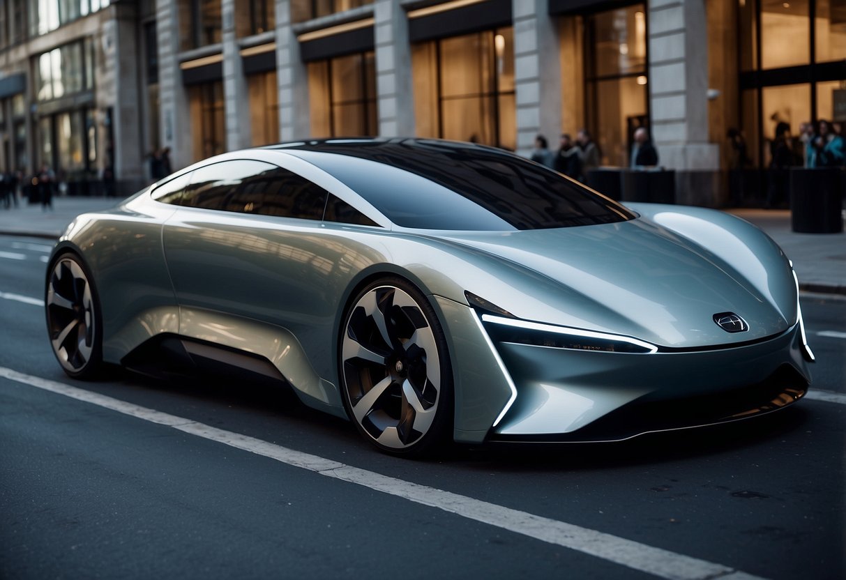 A sleek, futuristic car sits on a city street, its hybrid technology on display with electric and gas components seamlessly integrated. The car's innovative features, such as advanced energy management and autonomous driving capabilities, are highlighted in the scene