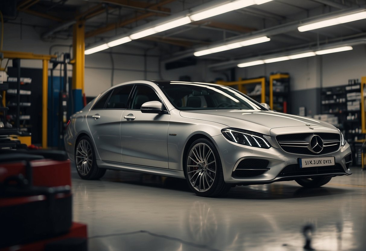 A luxury car parked in a pristine garage, surrounded by high-quality maintenance tools and products. The car is being carefully inspected and serviced by a professional technician