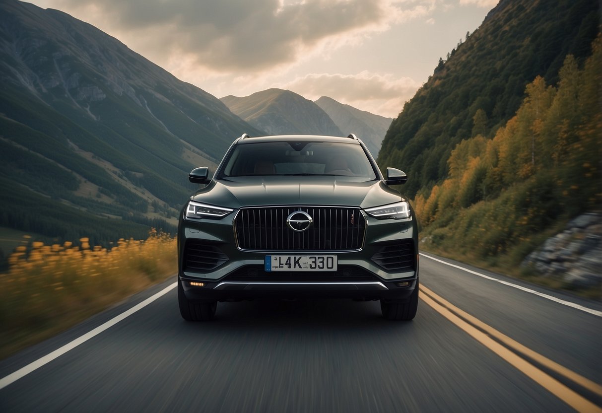 A sleek luxury SUV cruises through a scenic mountain pass, showcasing its powerful performance and luxurious comfort