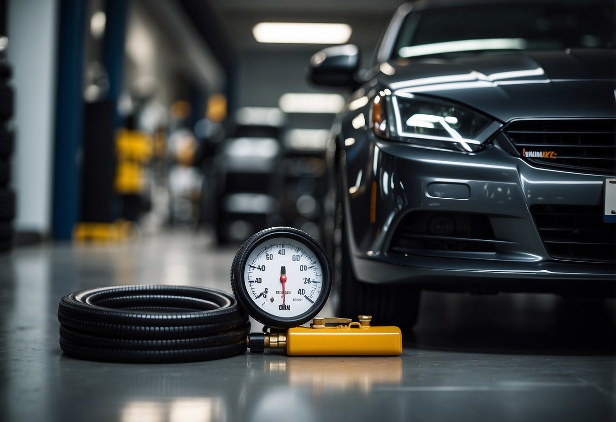 Luxury car parked in a clean, well-lit garage. Tire pressure gauge, air compressor, and tire shine products neatly arranged nearby