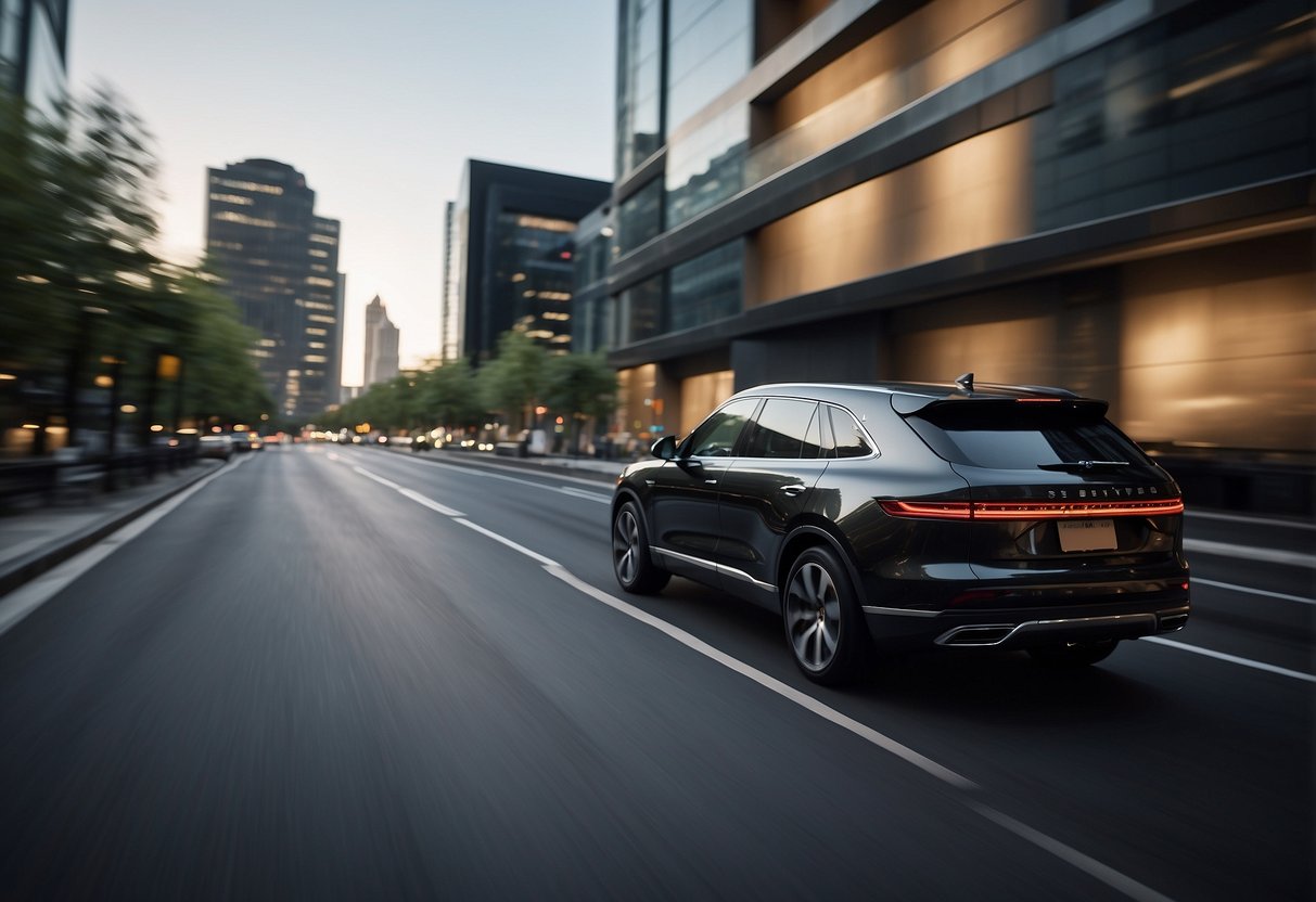 A sleek luxury SUV cruises through a modern city, blending comfort and performance. The vehicle's elegant design and powerful presence exude sophistication and refinement