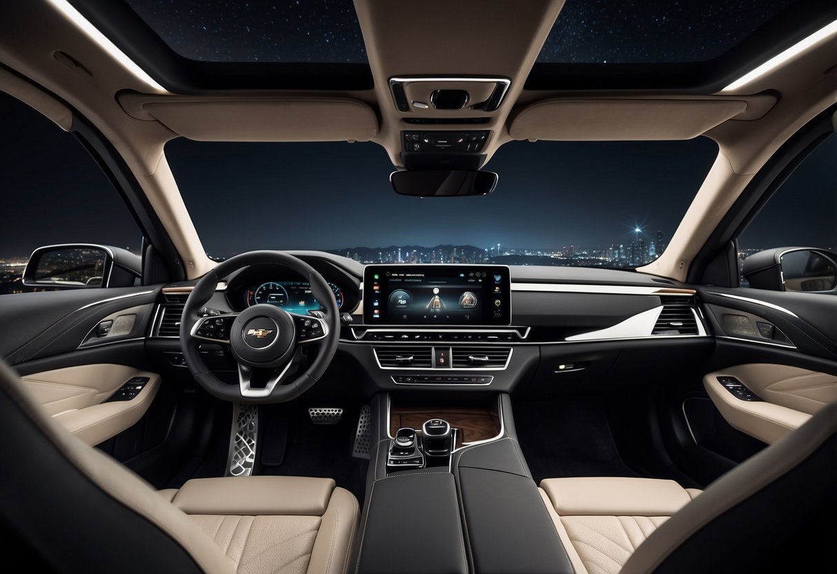 The luxury car interior features sleek leather seats, ambient lighting, and a state-of-the-art infotainment system. The dashboard is adorned with modern accents and the overall design exudes sophistication and comfort