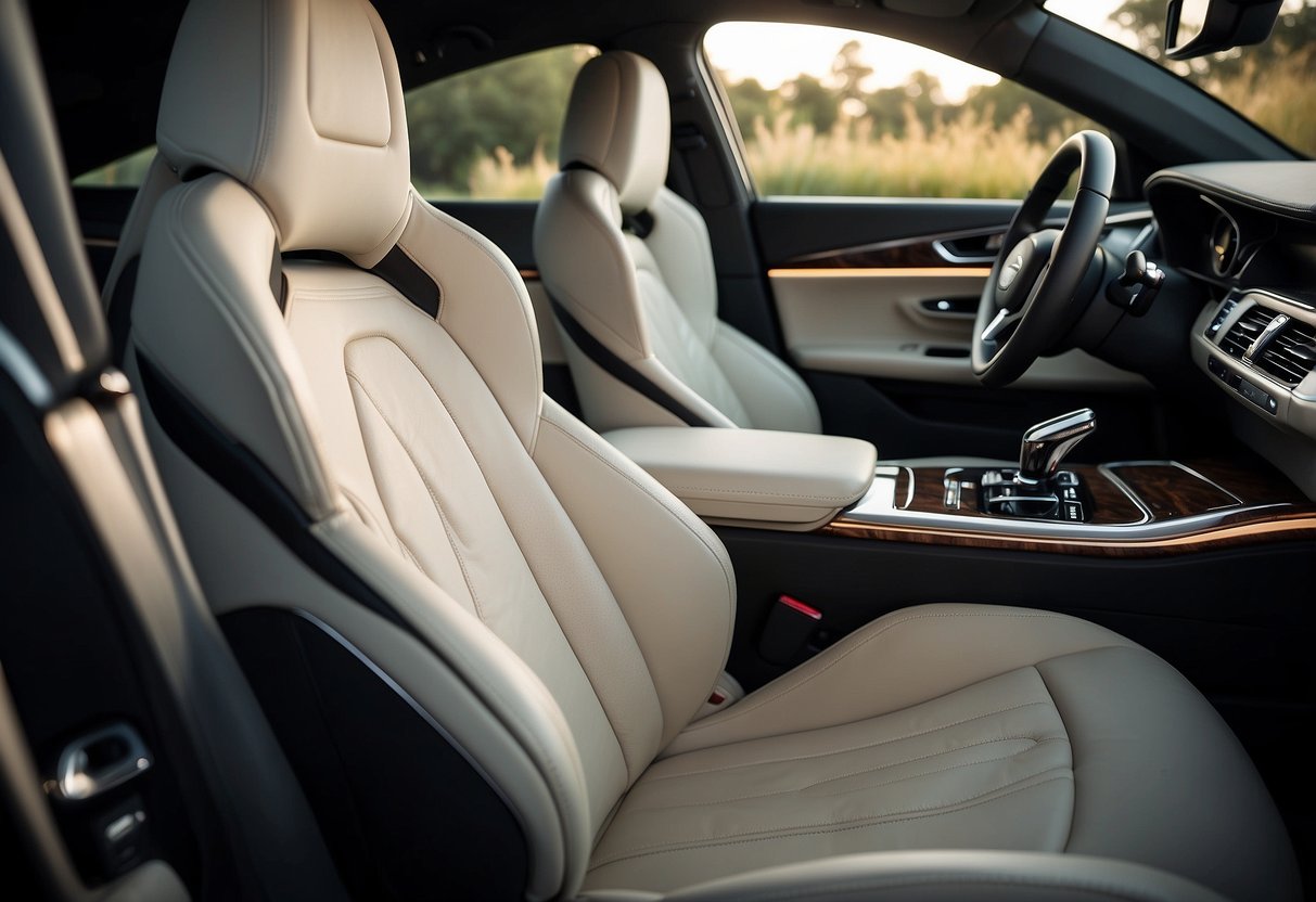 A sleek luxury car interior with modern design elements, plush seating, and advanced technology. Ambient lighting and high-quality materials create a sophisticated and comfortable atmosphere