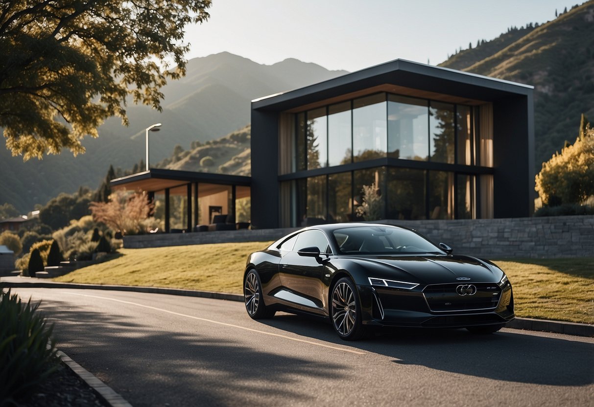 A sleek luxury car parked in front of a modern house with a scenic backdrop of mountains and a winding road