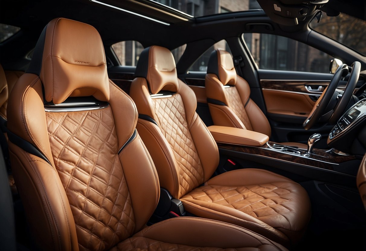 A plush leather seat with intricate stitching, surrounded by polished wood and brushed metal accents. Ambient lighting highlights the meticulous attention to detail in the luxury car interior