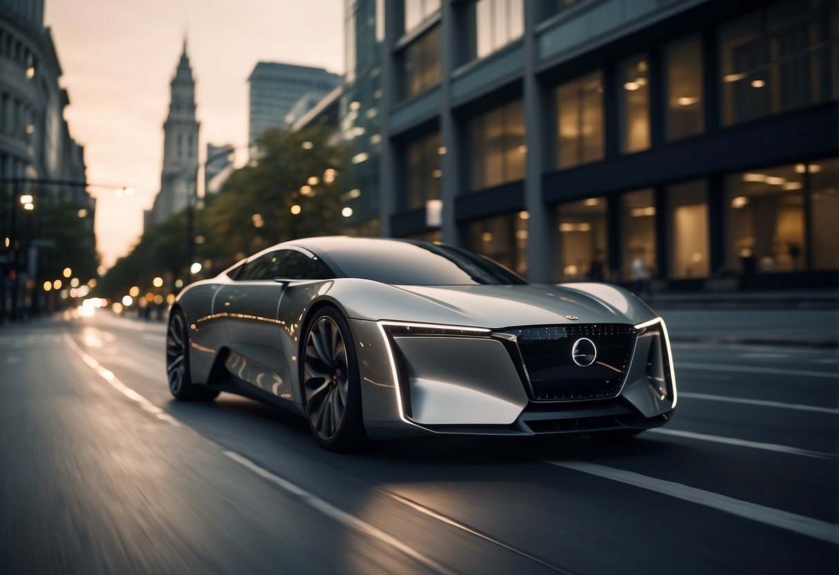 Luxury vehicle navigating city streets autonomously, sleek design, advanced technology, smooth and effortless movement