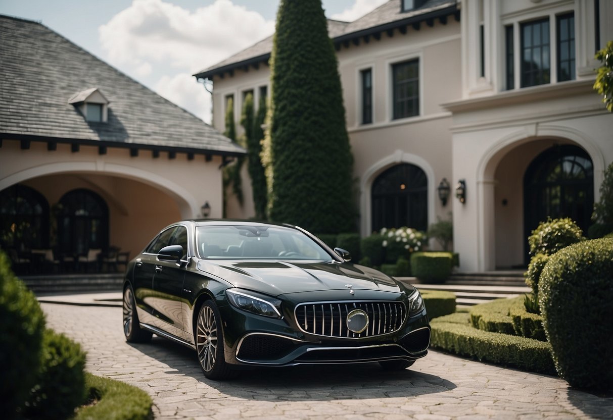 A luxury car parked outside a modern mansion, surrounded by lush landscaping and high-end accessories, reflecting the owner's discerning taste and affluent lifestyle