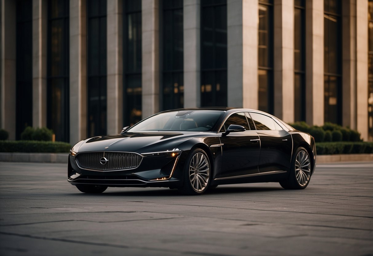 A sleek luxury car parked in a modern urban setting, surrounded by upscale buildings and a bustling cityscape. The car exudes elegance and sophistication, with a hint of power and prestige