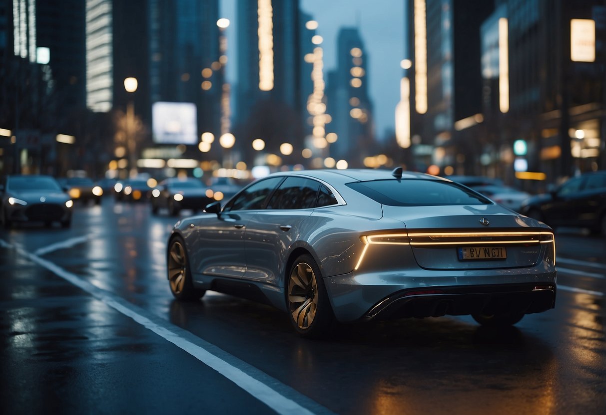 Luxury vehicle navigating through a futuristic city, passing by regulatory signs and safety standards. Autonomous driving technology visible