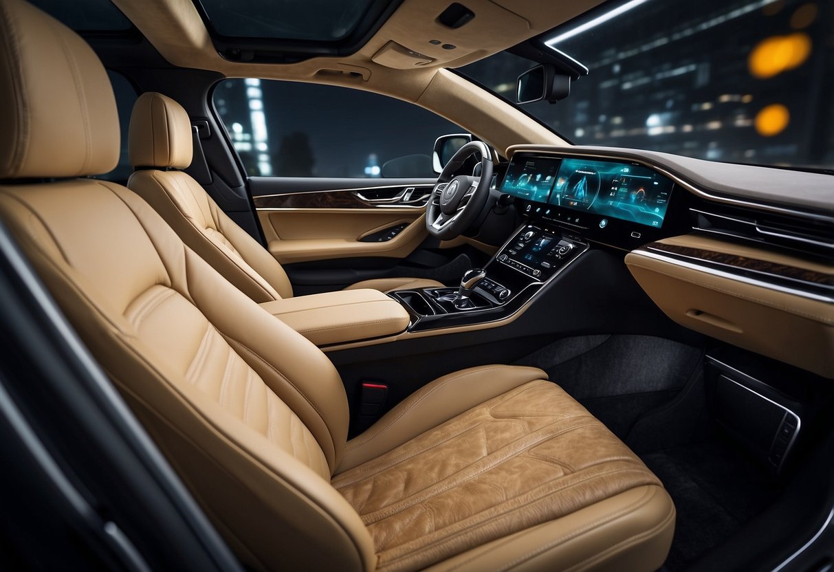 Luxury vehicle interior with advanced technology, sleek design, and autonomous driving features. Screens display navigation, entertainment, and vehicle status