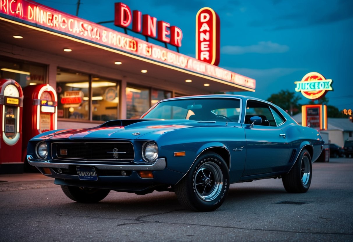 A vintage muscle car parked in front of a classic American diner, with neon signs and a jukebox in the background