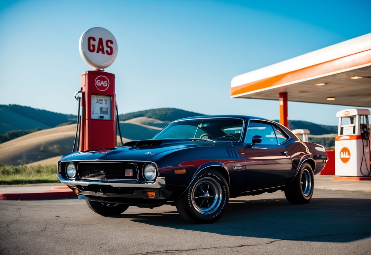 A vintage muscle car parked in front of a retro gas station, with a backdrop of rolling hills and a clear blue sky