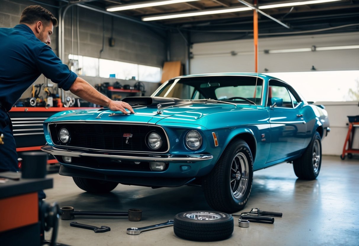 A vintage muscle car parked in a garage, surrounded by tools and engine parts. A mechanic's hand reaches for a wrench on the workbench