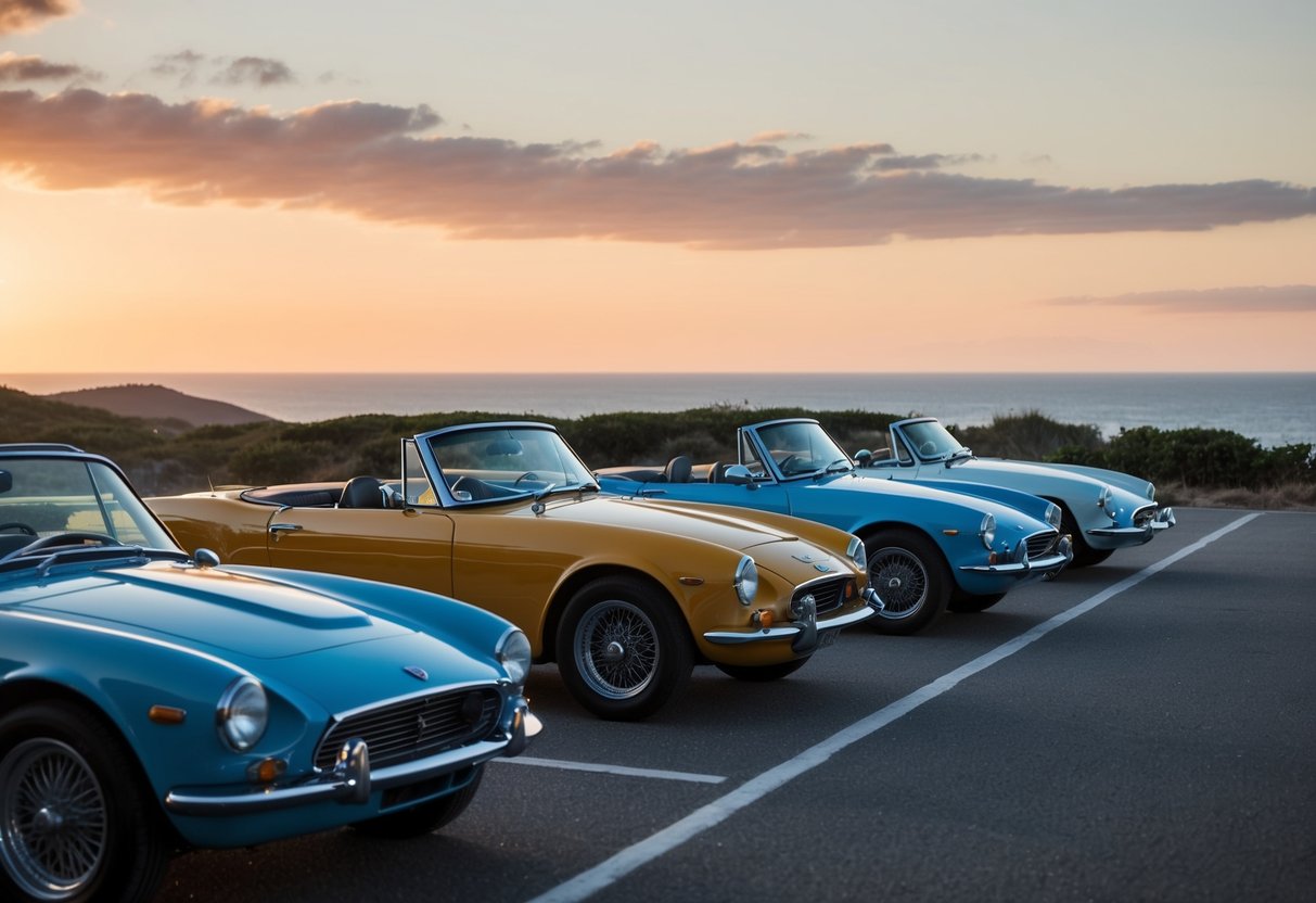 A row of classic convertibles parked on a scenic coastal road, with the sun setting behind them and the ocean stretching out in the background