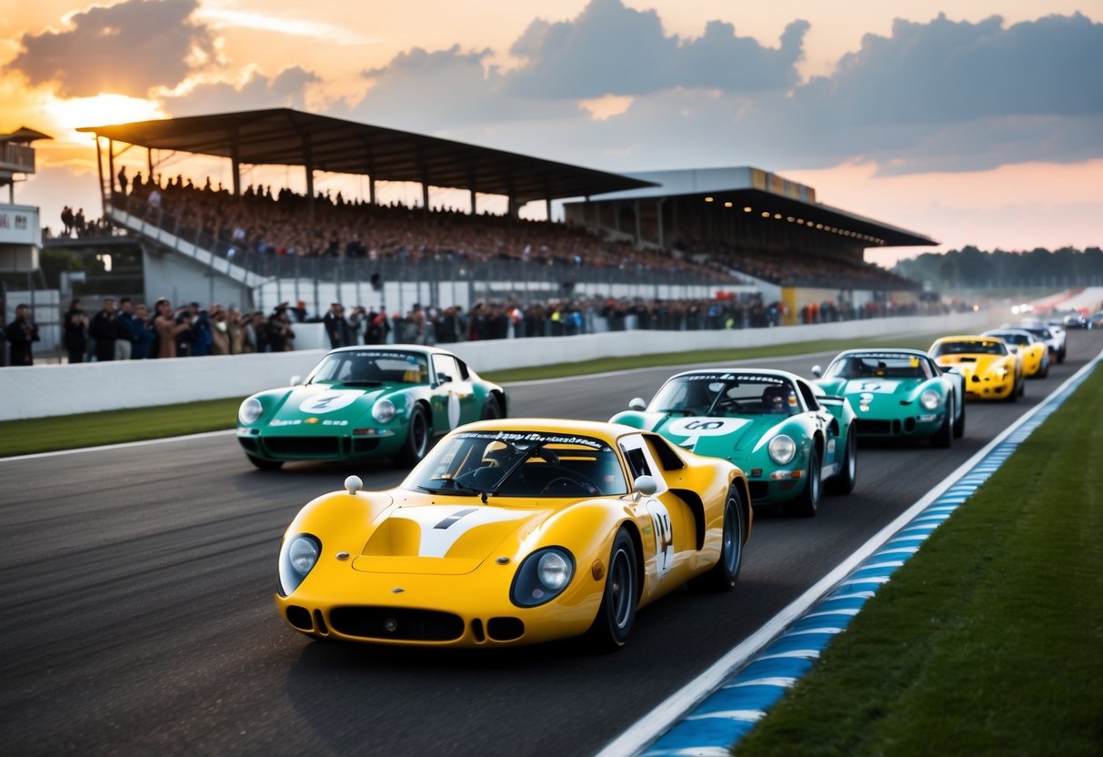 Classic sports cars racing on the iconic Le Mans track, with crowds cheering from the stands and the sun setting in the background