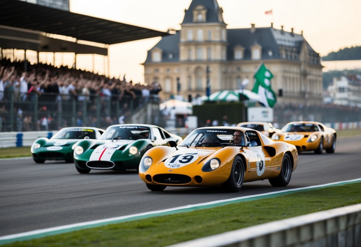 Classic sports cars racing on the iconic track at Le Mans, with historic landmarks in the background and enthusiastic crowds cheering from the grandstands