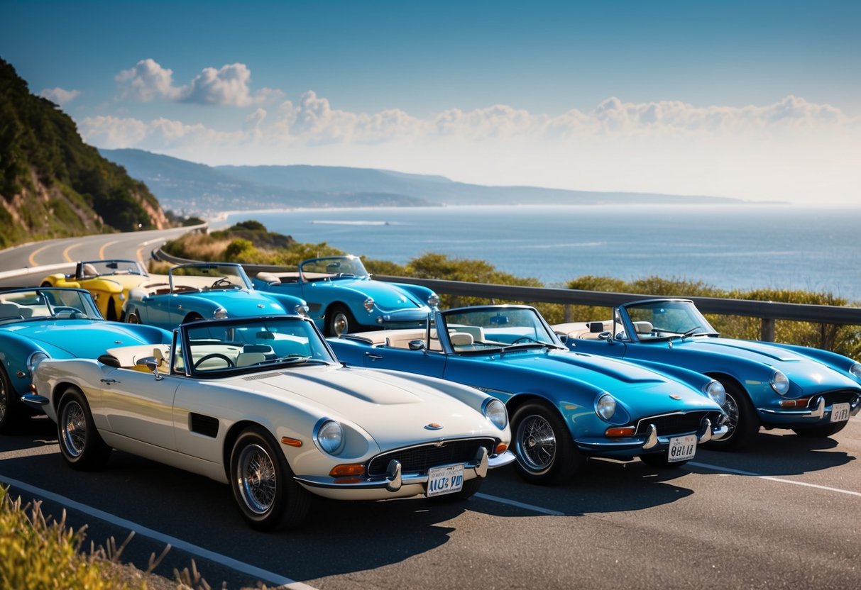 A lineup of iconic American classic convertibles parked on a scenic coastal road, with the top down and the sun shining