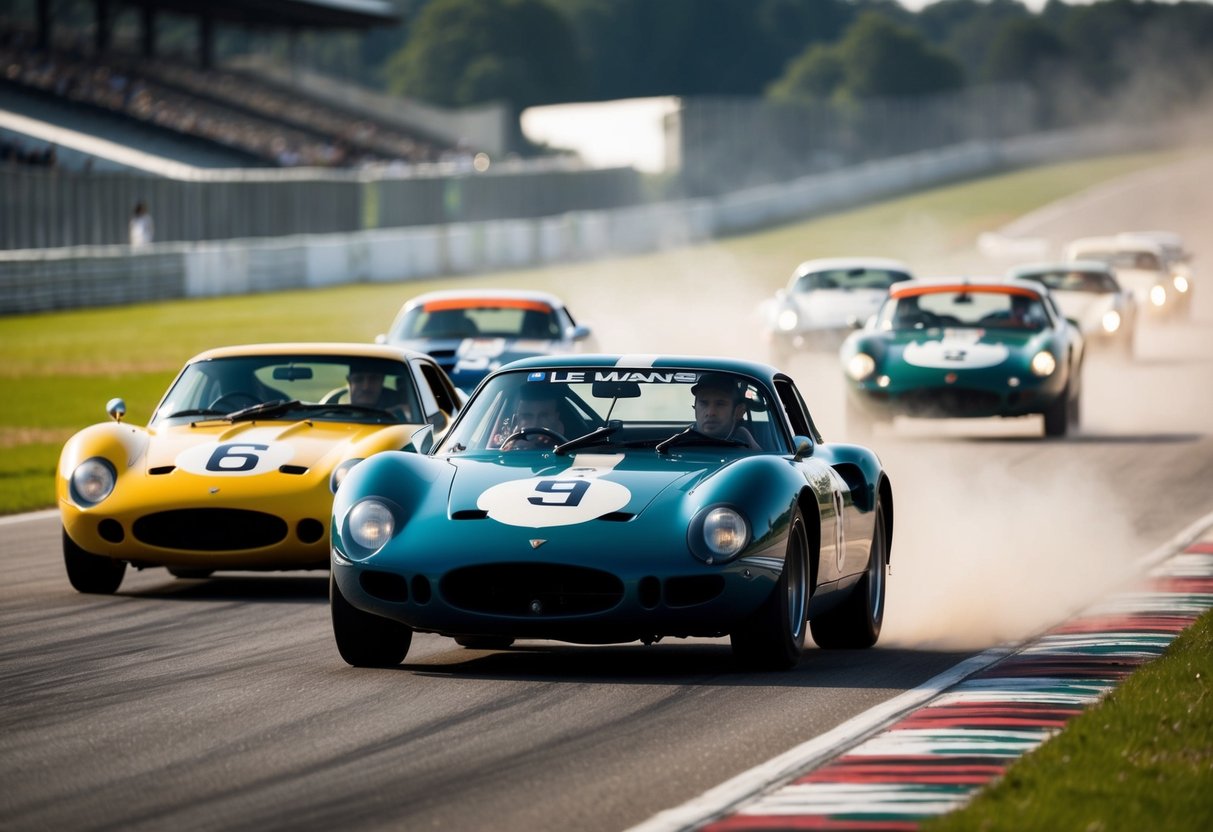 Classic sports cars racing around the iconic Le Mans track, leaving a trail of dust and exhaust fumes in their wake