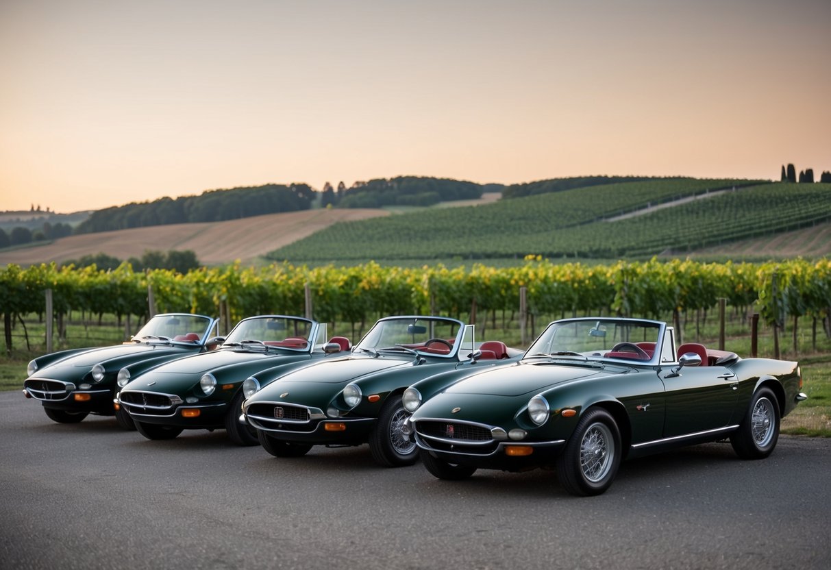 A group of classic Italian convertibles parked in a scenic countryside setting, with rolling hills and vineyards in the background