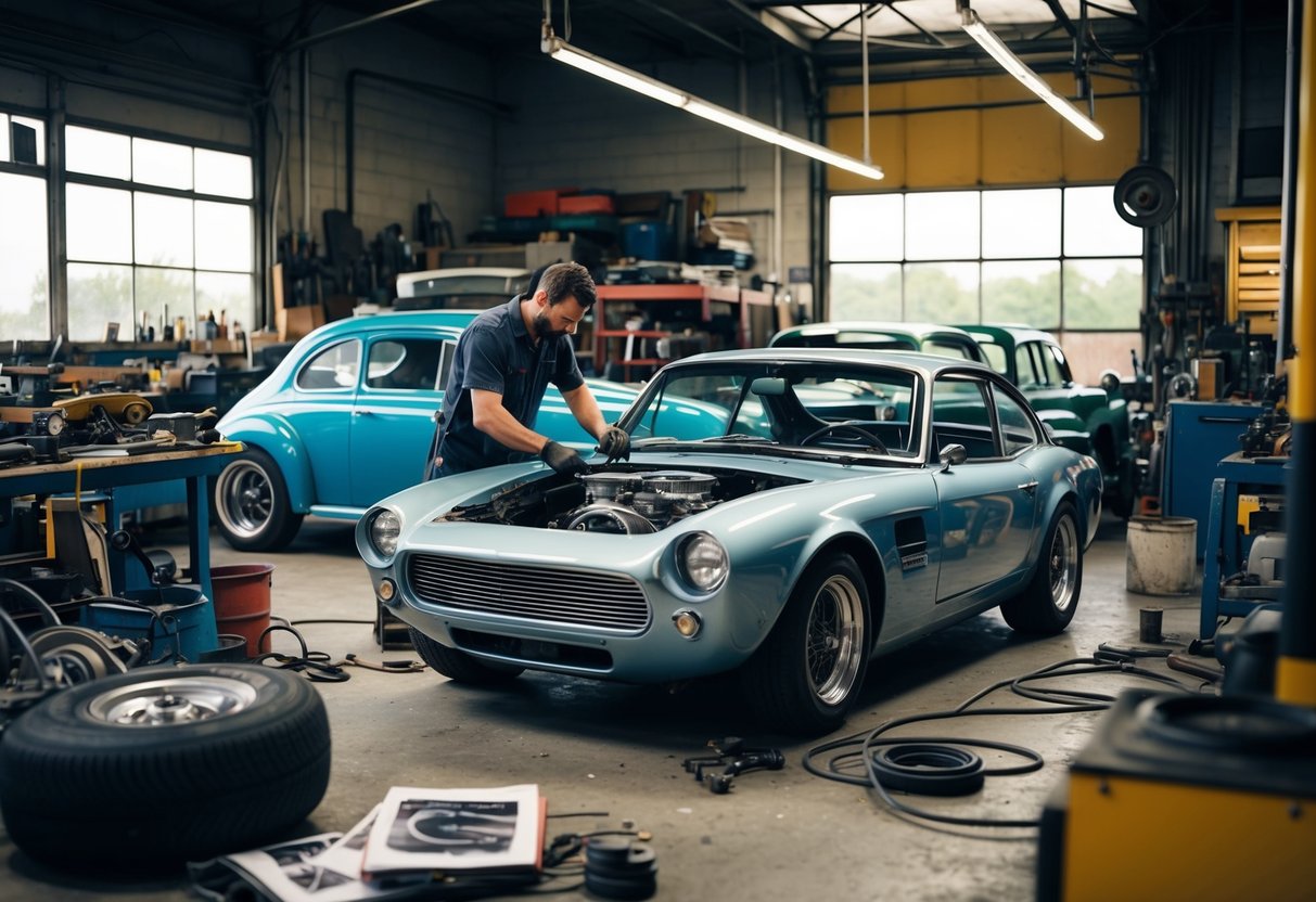 A cluttered workshop with vintage cars, tools, and parts scattered about. A mechanic meticulously restores a classic car, surrounded by manuals and equipment