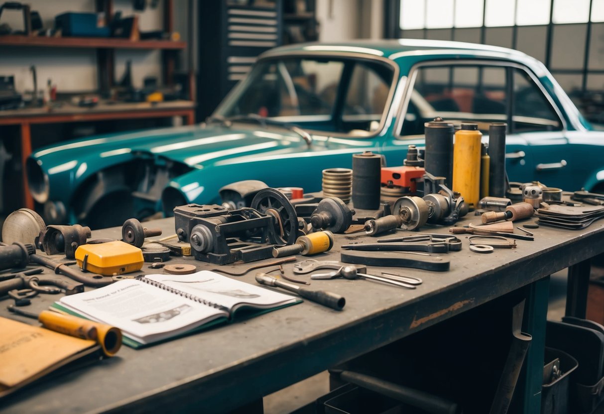 A cluttered workbench with various tools, car parts, and manuals scattered around. A classic car frame sits nearby, ready for restoration