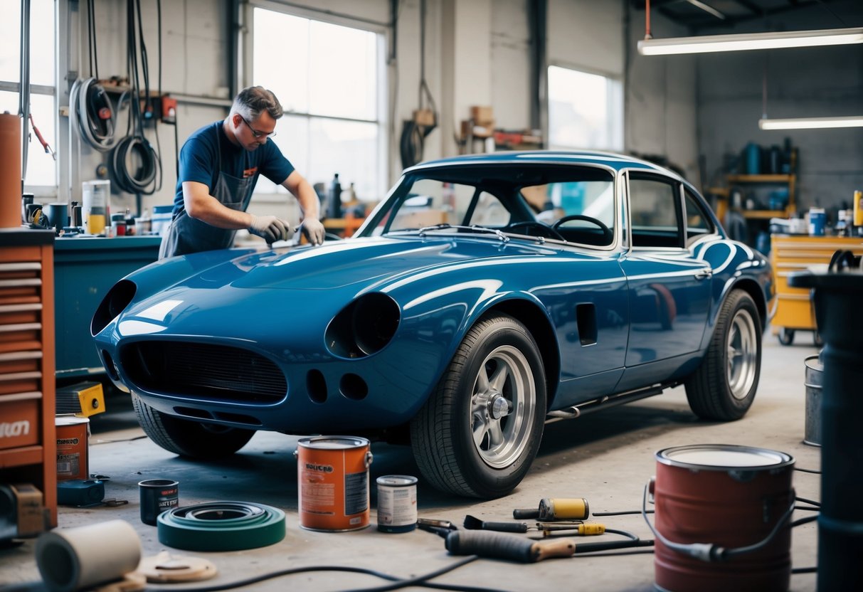 A classic car sits in a workshop surrounded by tools, paint cans, and sanding equipment. A mechanic meticulously works on restoring the car's exterior, focusing on the intricate details