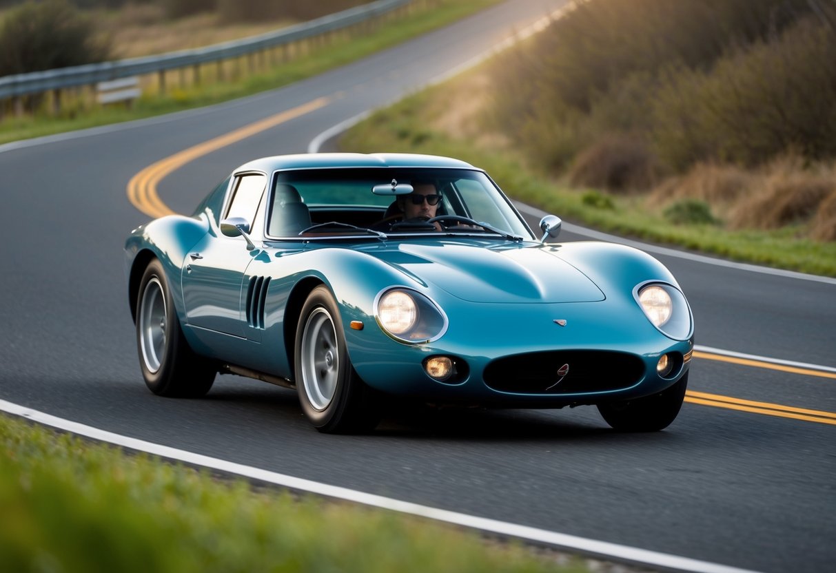 A vintage sports car zooms down a winding road, its sleek lines and classic design blending seamlessly with the modern performance of its powerful engine