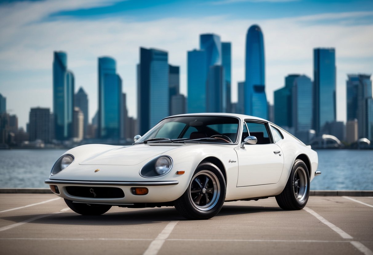 A vintage sports car parked in front of a modern city skyline, showcasing the blend of retro design and modern performance