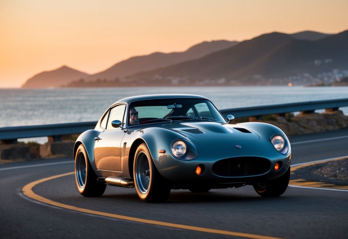 A retro sports car speeds along a scenic coastal road, its sleek vintage design blending with modern performance. The sun sets behind the mountains, casting a warm glow on the classic vehicle